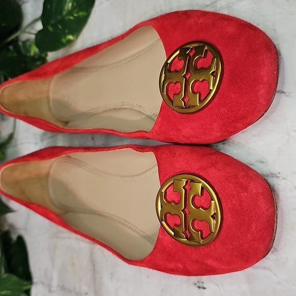 Tory Burch Orange/Red Suede Ballet Flats with Gold Accent 8.5 - Picture 3 of 13